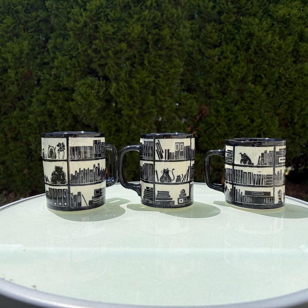 Bookshelf Coffee Mug: Black and White sgraffitto Pottery Cup (12-15 oz)