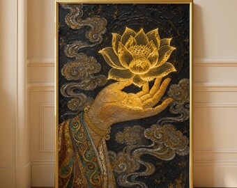 Boho Golden Lotus Hand Buddhist Wall Art, Luxury Black Gold Spiritual Zen Print, Yoga Studio Meditation Mindfulness Artwork