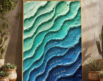 Blue Teal Ocean Mindfulness Coastal Meditation Oil Painting Print, Inhale Exhale Self Care Therapy Spa Wall Art, Mindfulness Wellness Poster