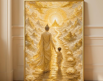 Golden Buddha and Child Lotus Flower Meditation Oil Painting Print, Zen Buddhist Spiritual Journey Wall Art, Mindfulness Yoga Poster