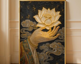 Boho Golden Lotus Flower Zen Buddhist Oil Painting Print, Spiritual Meditation Wellness Poster, Black Gold Lotus Mindfulness Yoga Wall Art