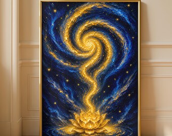 Boho Blue Gold Galaxy Cosmic Lotus Celestial Spiritual Wall Art Print, Question Mark Canvas, Mystical Meditation Yoga Studio Decor