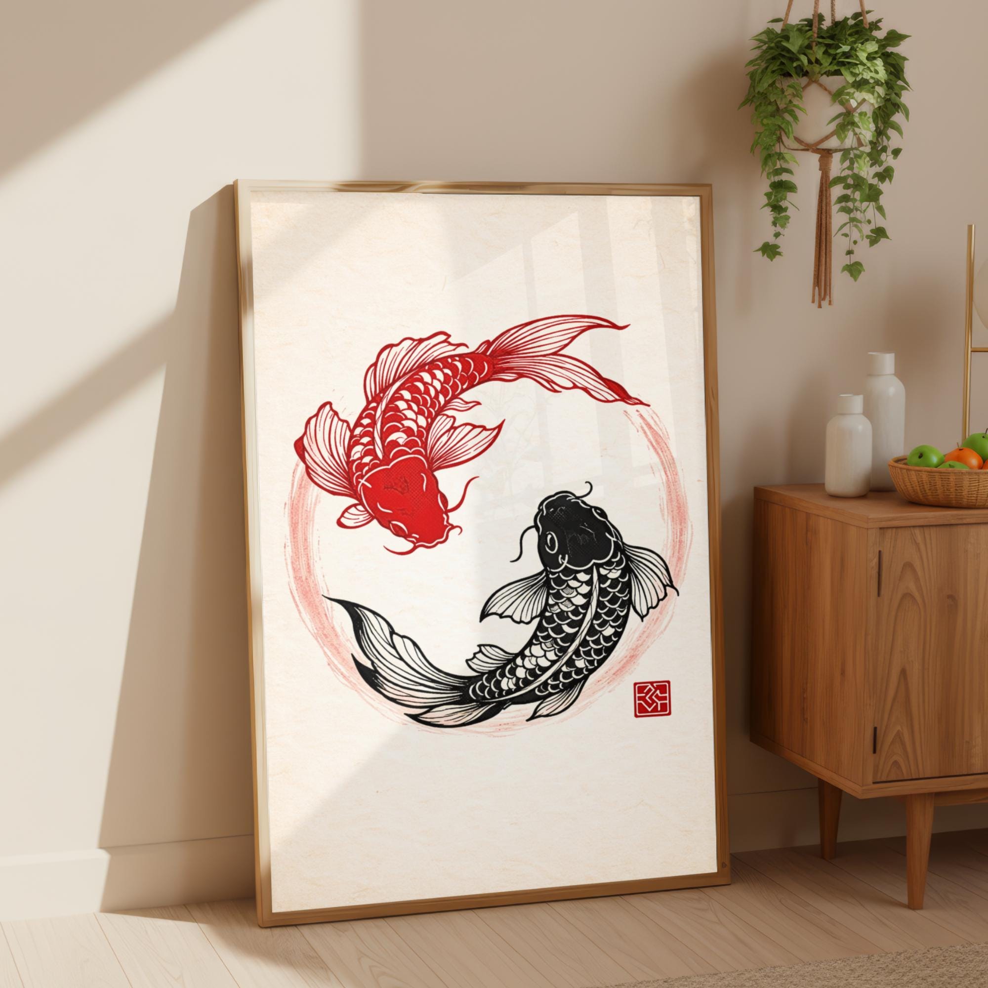 Minimalist Yin Yang Koi Fish Wall Art, Red Black Japanese Koi Print ...