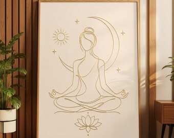Minimalist Lotus Yoga Meditation Line Art Print, Boho Zen Spiritual Woman Poster, Modern Bohemian Mindfulness Wellness Wall Decor