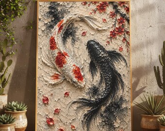 Minimalist Yin Yang Red Black Koi Fish Oil Painting Print, Japanese Zen Spiritual Meditation Wall Art, Feng Shui Asian Calm Poster