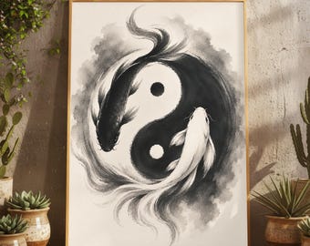 Black and White Zen Yin Yang Koi Fish Ink Painting Wall Art, Minimalist Japanese Spiritual Asian Poster, Feng Shui Yoga Meditation Decor