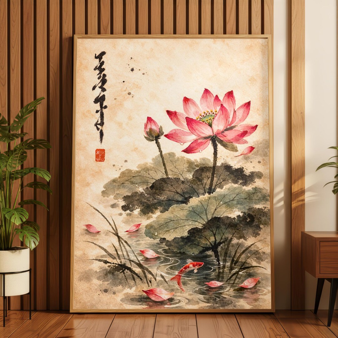 Japanese Lotus Flower Nature Spa Wall Art, Koi Fish Pond Painting, Zen ...