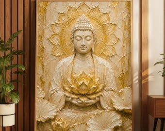 Boho Golden Buddha Lotus Flower Meditation Oil Painting Print, Spiritual Zen Buddhist Mindfulness Poster, Peaceful  Yoga Studio Wall Art