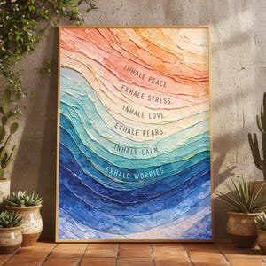 Pintura al óleo para pared con inspiración "Inhala y exhala", impresión de afirmación relajante, decoración para aliviar el estrés, meditación de yoga y atención plena, arte abstracto oceánico apacible