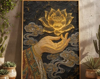 Boho Golden Lotus Flower Spiritual Meditation Oil Painting Print, Zen Buddhist Enlightenment Artwork, Mystical Mindfulness Yoga Wall Art