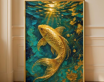 Golden Koi Pond Fish Luxury Teal Ocean Oil Painting Print, Zen Feng Shui Prosperity Asian Poster, Gold Fish Japanese Koi Wealth Wall Art
