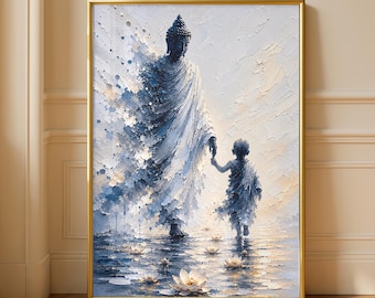 Blue Buddha Child Lotus Flower Spiritual Meditation Oil Painting Print, Zen Buddhist Wellness Artwork, Mindfulness Yoga Peaceful Wall Art