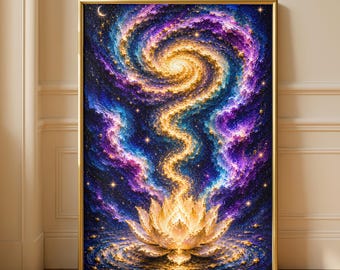 Galaxy Lotus Flower Cosmic Lotus Purple Nebula Oil Painting Print, Boho Celestial Spiritual Meditation Wall Art, Universe Mystical Artwork