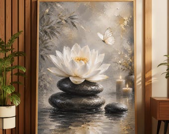 Zen Spa White Lotus Butterfly Stacked Stones Wall Art Print, Mindfulness Yoga Calming Meditation Artwork, Neutral Spiritual Peaceful Poster