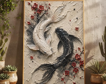 Yin Yang Black White Koi Fish Cherry Blossom Zen Oil Painting Print, Japanese Spiritual Meditation Wall Art, Feng Shui Asian Poster