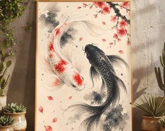 Minimalist Japanese Cherry Blossom Koi Fish Watercolor Asian Wall Art Print, Zen Yin Yang Koi Artwork, Elegant Feng Shui Meditation Art