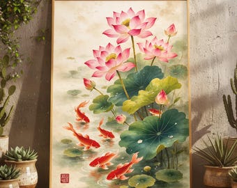 Lámina decorativa de pared asiática con loto rosa y peces koi, obra de arte inspirada en la naturaleza, flores zen japonesas para estanques, decoración para sala de meditación y prosperidad según el Feng Shui.