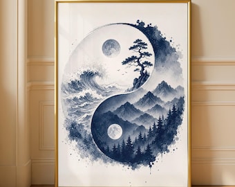 Boho Japanese Ink Yin Yang Mountain Forest Moon Wall Art, Zen Spiritual Yoga Meditation Poster, Minimalist Black White Nature Canvas Print