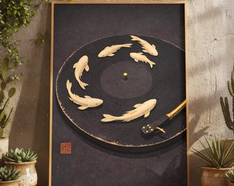 ミニマリスト鯉のレコード柄アジアンウォールアート、レトロな黒と金の和風プリント、DJミュージックラバー向けホームデコレーション、禅ターンテーブルアート