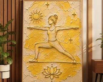 Boho Warrior Pose Lotus Flower Spiritual Yoga Oil Painting Print, Zen Wellness Mindfulness Meditation Wall Decor, Self Care Fitness Poster