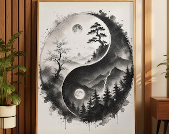 Minimalist Black White Zen Yin Yang Mountain Tree Wall Art, Japanese Ink Taoist Landscape Print, Moon Forest Spiritual Meditation Poster