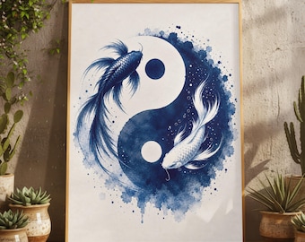 Minimalist Blue Yin Yang Koi Fish Zen Watercolor Wall Art, Feng Shui Spiritual Yoga Meditation Poster, Japanese Inspired Nature Art