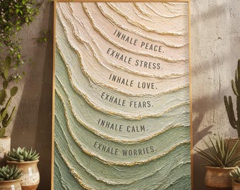 Sage Green Mindfulness Inhale Exhale Oil Painting Print, Wellness Quote Meditation Therapy Spa Office Wall Art, Affirmation Self Care Poster