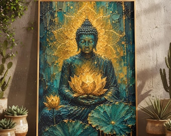 Teal Gold Lotus Meditation Buddha Oil Painting Print, Zen Mindfulness Spiritual Artwork, Buddhist Yoga Healing Peaceful Wall Art