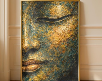 Golden Buddha Face Meditation Oil Painting Wall Art, Textured Zen Portrait Print, Peaceful Spiritual Boho Buddhist Yoga Studio Home Artwork