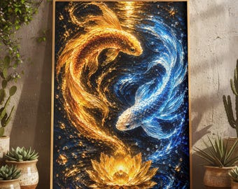 Yin Yang Gold Blue Koi Fish Lotus Oil Painting Print, Luxury Feng Shui Balance Wall Art, Zen Japanese Inspired Meditation Artwork