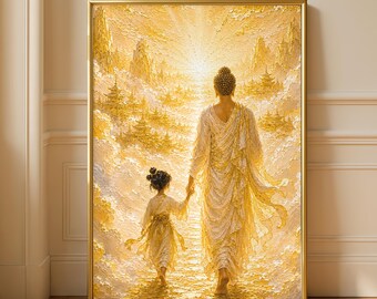 Golden Spiritual Buddha and Child Journey Oil Painting Print, Zen Buddhist Peaceful Meditation Artwork, Mindfulness Enlightenment Wall Art