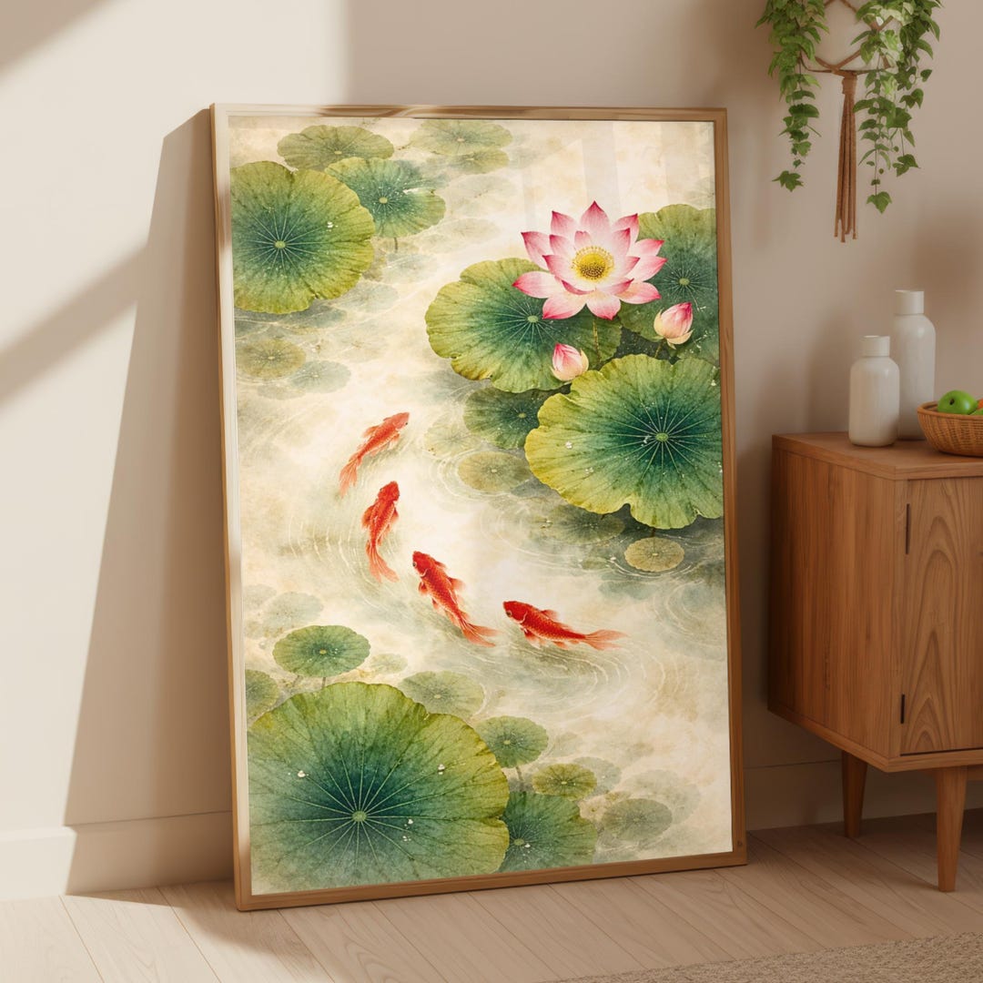 Lotus Flower Pond Koi Fish Wall Art, Lily Pad Nature Print, Japanese ...