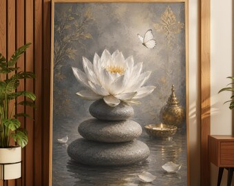 White Lotus Stacked Stone Zen Meditation Spa Yoga Wall Art Print, Neutral Botanical Artwork, Mindfulness Calming Wellness Poster