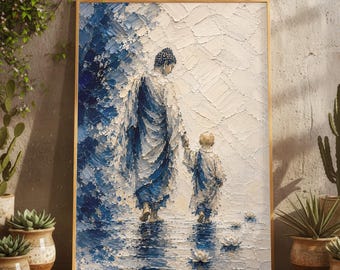 Blue Zen Buddha with Child Lotus Oil Painting Print, Yoga Spiritual Meditation Mindfulness Wall Art, Buddhist Peaceful Home Decor