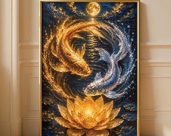 Gold White Yin Yang Koi Fish Lotus Oil Painting Print, Feng Shui Balance Meditation Wall Art, Luxury Zen Japanese Inspired Artwork