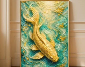 Zen Golden Koi Fish Ocean Oil Painting Print, Luxury Feng Shui Koi Meditation Wall Art, Japanese Teal Gold Fish Coastal Wealth Artwork