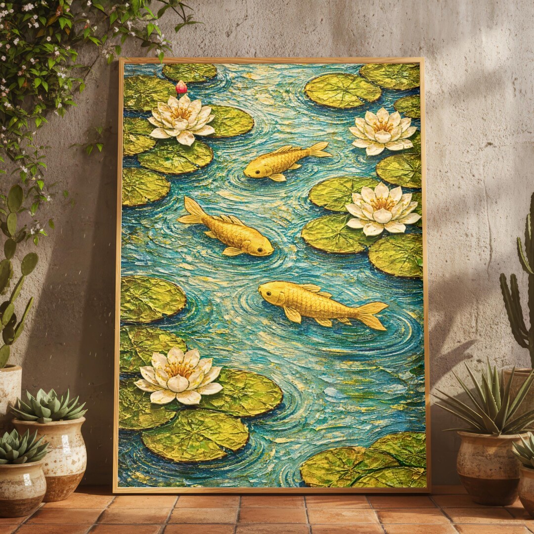 Zen Koi Fish Water Lily Pond Oil Painting Wall Art, Japanese Peaceful ...