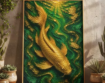 Luxury Asian Golden Koi Fish Oil Painting Print, Emerald Green Gold Zen Feng Shui Koi Pond Wall Art, Japanese Oriental Meditation Poster