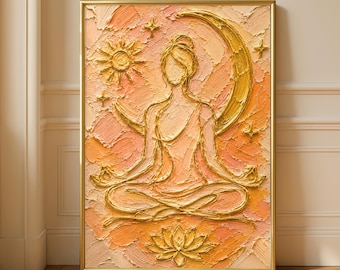 Boho Lotus Flower Spiritual Yoga Meditation Oil Painting Print, Peach and Gold Celestial Artwork, Zen Mindfulness Wellness Feminine Wall Art