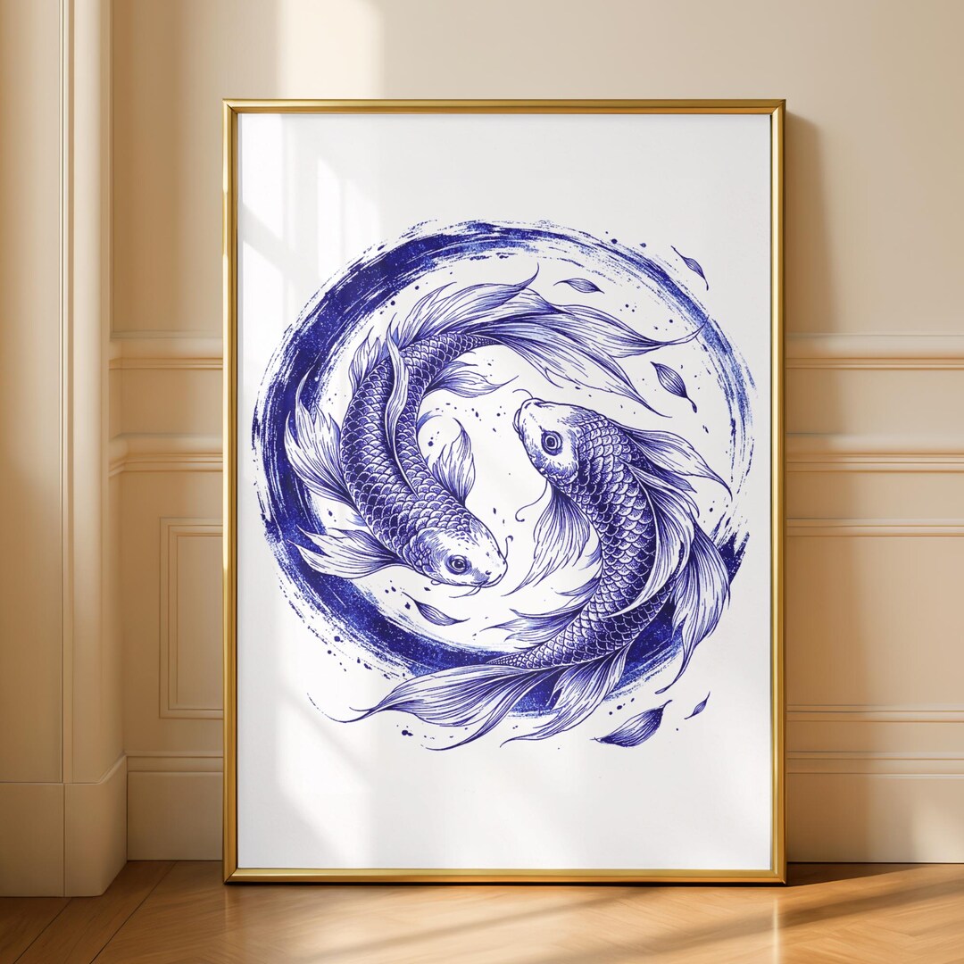Blue Koi Fish Yin Yang Spiritual Wall Art, Japanese Zen Circle Print ...
