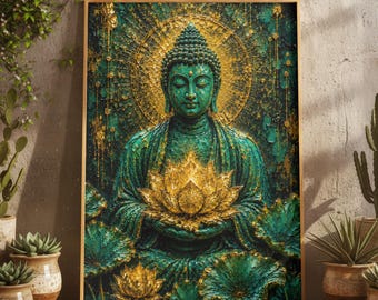 Boho Green Gold Buddha Lotus Flower Spiritual Oil Painting Print, Zen Yoga Meditation Mindfulness Wall Art, Tranquil Buddhist Healing Poster