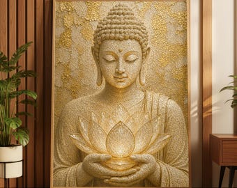 Luxury Buddha Glowing Lotus Wall Art, Neutral Gold Zen Canvas Print, Flower Yoga Spa Meditation Spiritual Mindfulness Poster