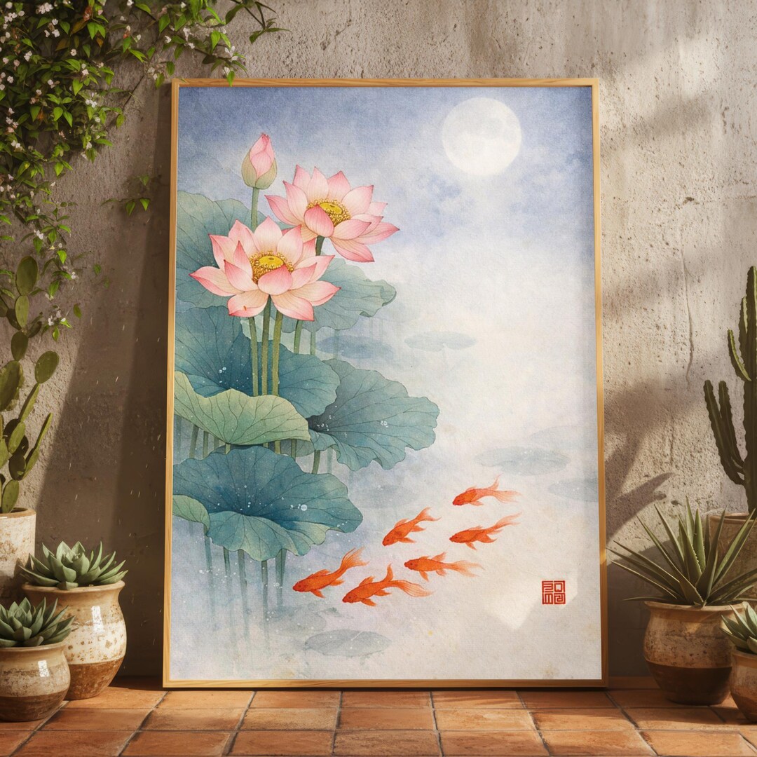 Lotus Flower Koi Fish Pond Japandi Wall Art, Japanese Zen Lotus Print ...