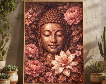 Lotus Floral Buddha Oil PaintingWall Art Print, Pink Peony Spiritual Decor, Boho Feminine Zen Meditation Artwork, Romantic Yoga Room Decor