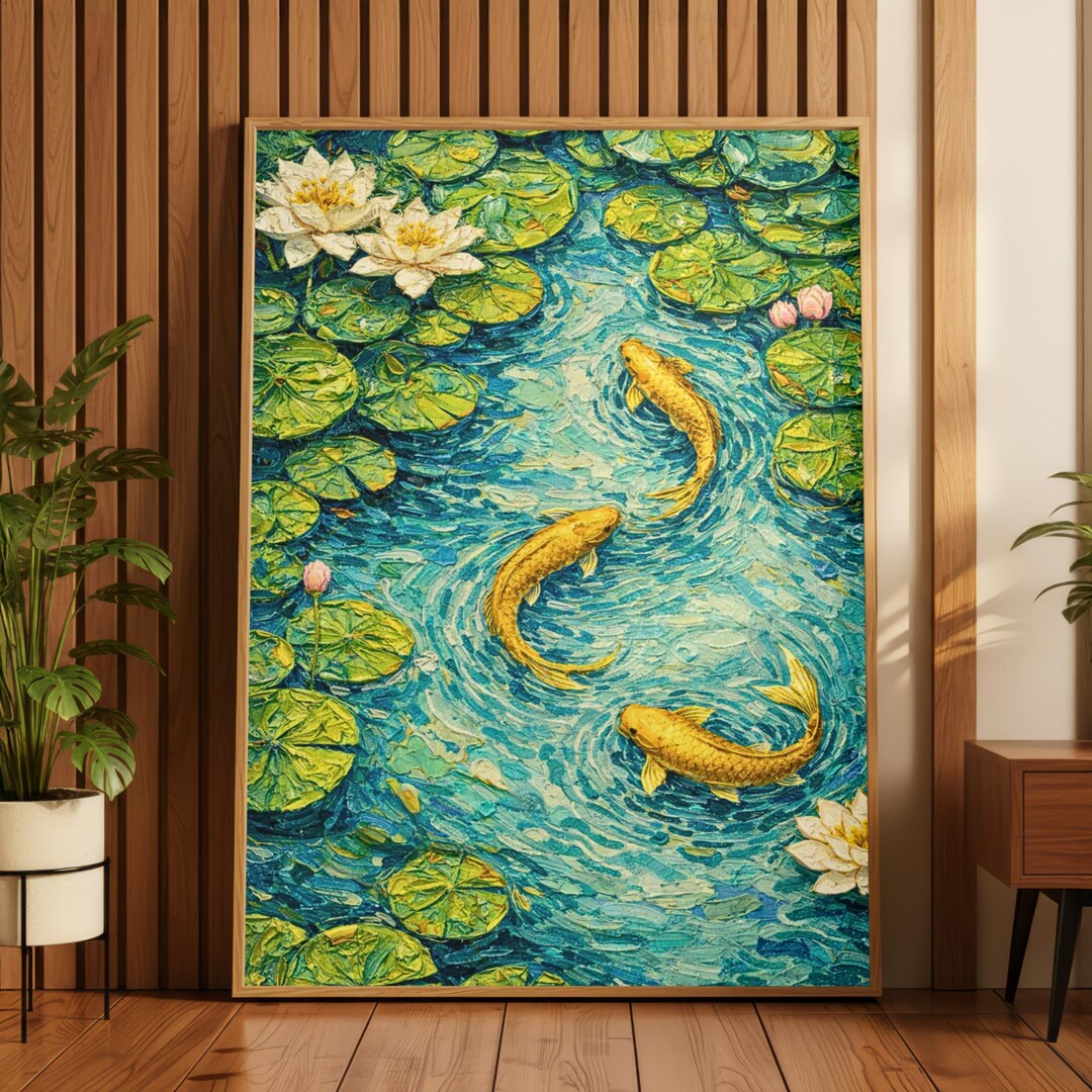 Nature Floral Gold Koi Fish Lily Oil Painting Wall Art, Japanese Water ...
