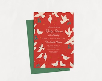 May include: Red and white baby shower invitation with a dove pattern. The invitation reads "Baby Shower for Lindsey" and includes the date, time, and location of the event.