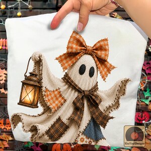 Patchwork Geist PNG, rustikale Halloween Sublimation, primitive Geist Laterne Clipart, gemütlicher Herbst Kokette Bogen digitaler Download DTF