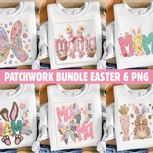 Op de afbeelding: Witte sweatshirts met kleurrijke paasontwerpen. De ontwerpen omvatten patchwork konijnenoren, het woord "Mama" en paaseieren. De tekst "PATCHWORK BUNDLE EASTER 6 PNG" wordt in het roze weergegeven.