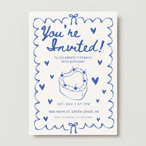 Plantilla editable de Canva de invitación para el 25.° cumpleaños, dibujada a mano y de moda, con diseño de lazos, cintas y corazones azules, descarga instantánea