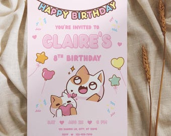 Bearbeitbare Kinder Geburtstagseinladung Kawaii Kitty Cartoon Anime Katze Vorlage Druckbare Rosa Teenager Mädchen Digitaler Download Canva Süß Pastell